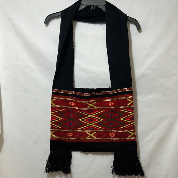 Black and Red Geometric Shoulder Bag with Fringe - Picture 1 of 6